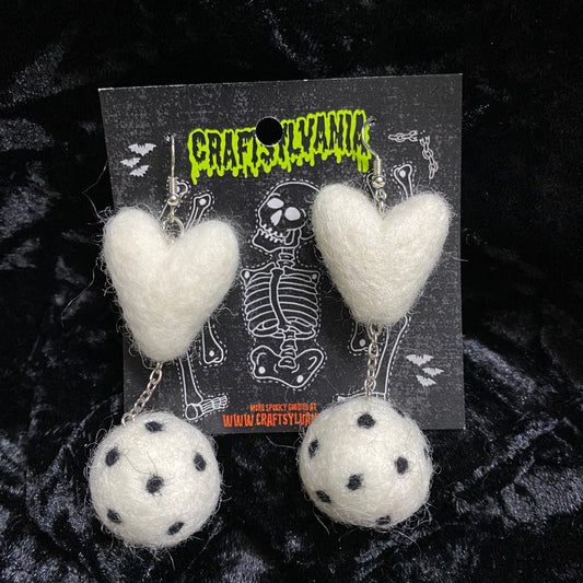 White Heart with Polka dot Ball Earrings