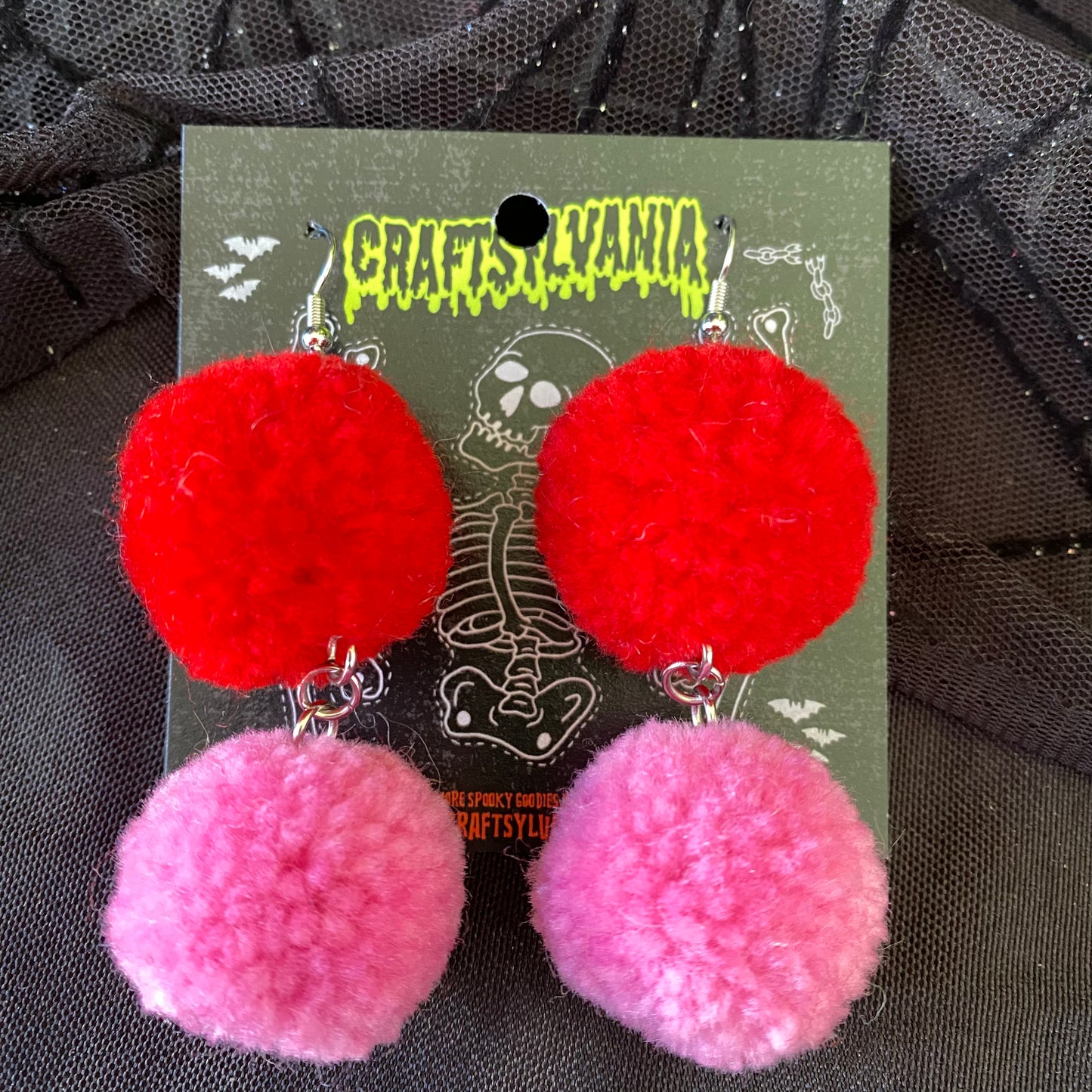 Red & Pink Double Pom Earrings